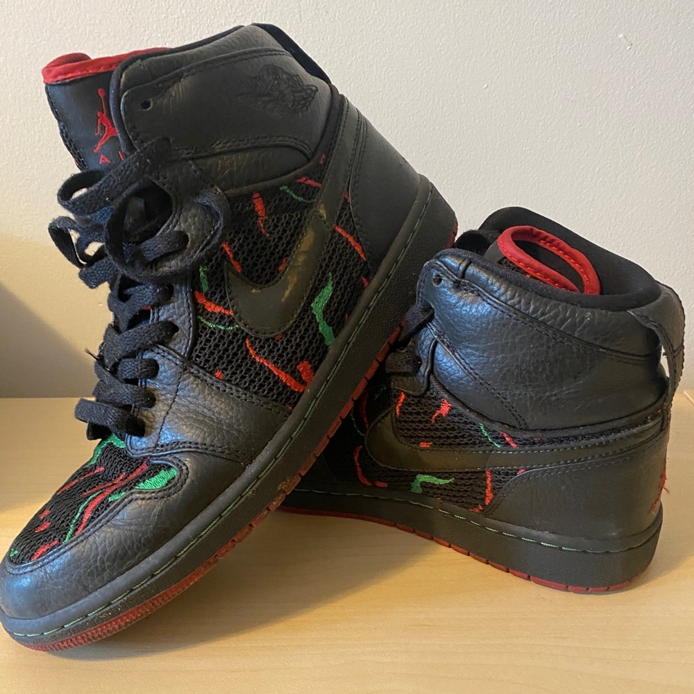 Jordan Men's High-Top Sneakers in Black with Red and Green Accents